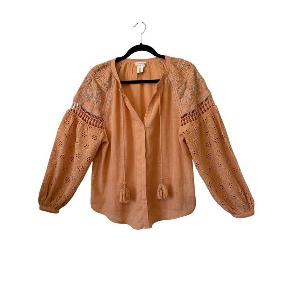 Nicole Miller Artelier Blouse Light Orange Gauzy Embroidered Peasant SizeS Loose